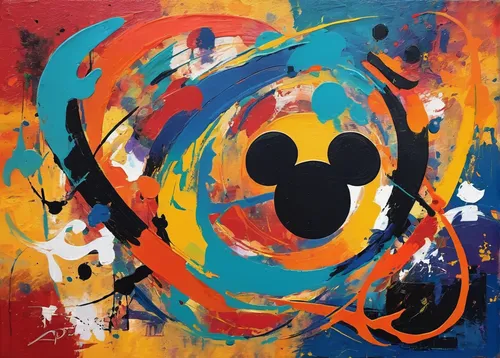 Design a nostalgic Walt Disney logo with a touch of magic,mickey mouse,two-point-ladybug,micky mouse,abstract cartoon art,mickey,abstract painting,mickey mause,pac-man,atom,om,circle paint,yinyang,abs