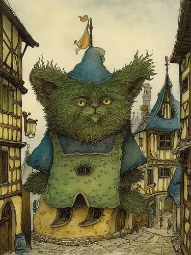 a drawing of a monster that has an apron on it,diterlizzi,gacek,zolotow,wasowski,grumbach,hamelin,Illustration,Paper based,Paper Based 29