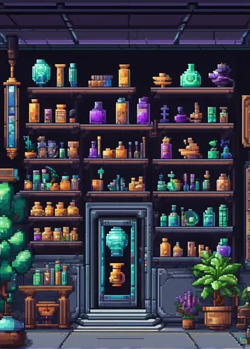 apothecary,kitchen shop,shopkeeper,flower shop,shelves,pharmacy,pantry,soap shop,pet shop,village shop,convenience store,greenhouse,store front,brandy shop,the shop,terrarium,gift shop,store,laundry shop,inventory,Unique,Pixel,Pixel 01