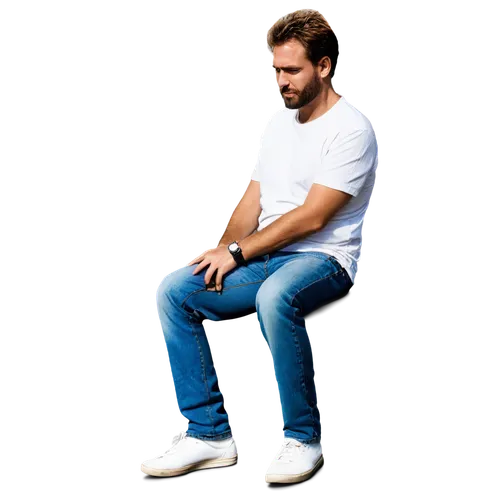 Mature man, solitude, sitting alone, urban background, dim lighting, messy hair, rugged beard, casual wear, worn-out jeans, plain white shirt, scuffed shoes, leaning forward, elbows on knees, hands cl