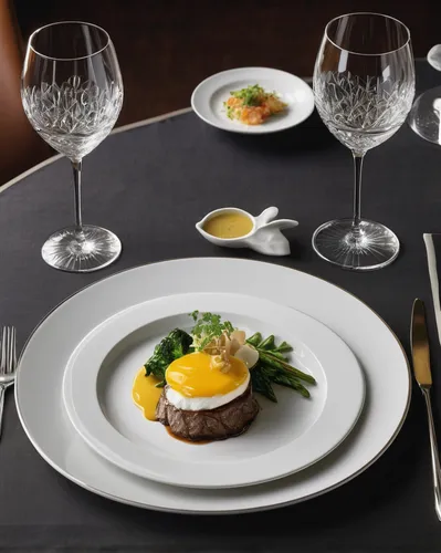 Create an elegant and sophisticated restaurant menu for a fine dining establishment.,dinnerware set,serveware,food styling,tableware,tournedos rossini,egg dish,filet mignon,tartare steak,beef fillet,f