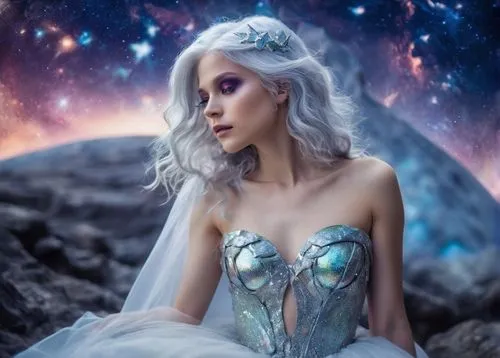 fairy queen,fairy galaxy,ice queen,fantasy woman,faerie,violet head elf,fantasy picture,silvered,pixie,faery,amalthea,kerli,the snow queen,moonstone,fantasy art,aurora,fantasy portrait,white rose snow queen,blue enchantress,starchild,Illustration,Realistic Fantasy,Realistic Fantasy 02