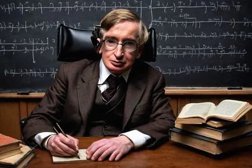 Professor Hawking, wheelchair, majestic beard, glasses, intellectual facial expression, brown suit, white shirt, black tie, Oxford University background, wooden desk, piles of books, chalkboard with c