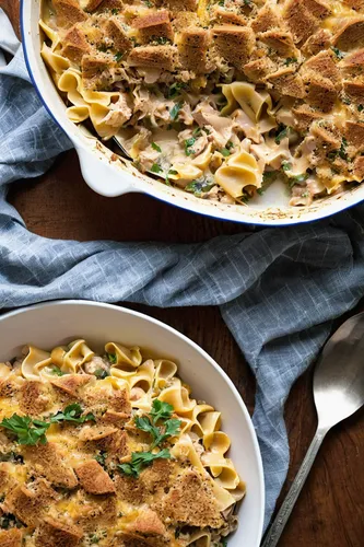 Old Bay-Spiced Cheesy Tuna Noodle Casserole with Buttered Toast Topping 2,pappardelle,tagliatelle,macaroni casserole,beef stroganoff,oven polenta,yellow leaf pie,penne alla vodka,farfalle,tuna cassero