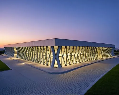 the exterior of an airport terminal with glowing lights,siza,auditorio,epfl,champalimaud,christ chapel,tempodrom,Photography,General,Realistic