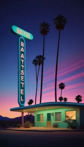 Bates Motel, retro-futuristic, neon lights, curved lines, space-age design, 1950s-60s vibe, pastel colors, sleek metallic accents, glowing signage, palm trees, desert landscape, sunset, warm ambient l