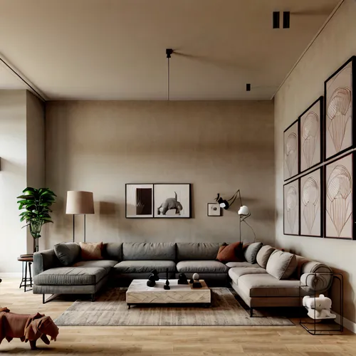 contemporary living room with neutral and warm colors, wooden toy elephant in the foreground, large sofa with cushions and a blanket, coffee table with vases on top, marble side table and black metal 