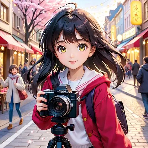 1990s style, CLAMP style, Card Captor Sakura, Daidouji Tomoyo, black hair, casual style, handheld camcorder, happy, energetic, filming excitedly on a street,,a girl with a camera,camera illustration,m