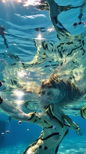 two people swimming under water, with sunlight shining on them,sea life underwater,dolphin swimming,underwater world,underwater background,ocean underwater,dolphins in water,Photography,Artistic Photo