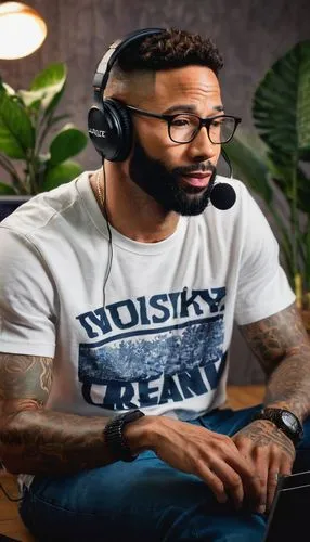 Joe Budden, podcast host, male, 40s, casual pose, relaxed facial expression, messy brown hair, black framed glasses, white T-shirt, dark blue jeans, sneakers, sitting, microphone, headphones, laptop, 