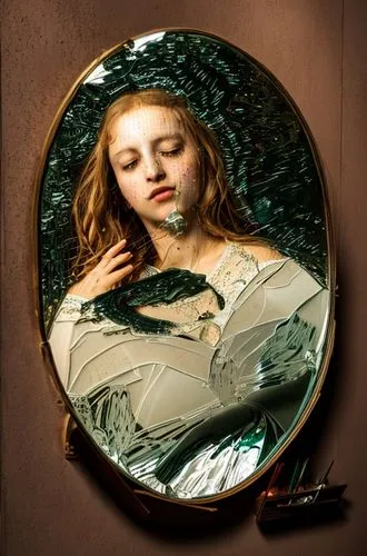 Renaissance painting of a beatiful girl lamenting a broken glass mirror.,the mirror,mirror reflection,self-reflection,outside mirror,wood mirror,mirror in the meadow,reflection,mirror,mirror frame,mag