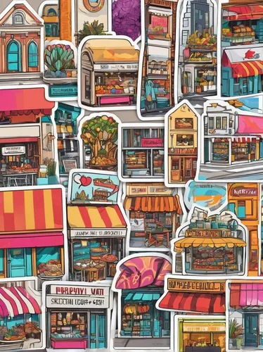 SketchUp a vibrant marketplace in a bustling city.,houses clipart,restaurants,watercolor shops,store fronts,stickers,patterned labels,postcards,clipart sticker,ice cream icons,seamless pattern,marketp