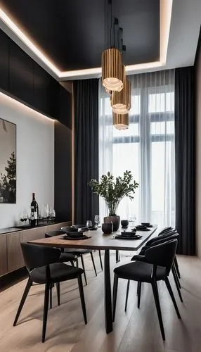 Modern minimalist, apartment in the city center, diningroom, stark color contrasts, dark tones, clean lines, exquisite design, white ceilings, black furniture, wood veneer walls, Modern minimalist, ap