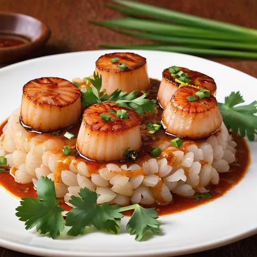 Scallops with Japanese Spicy Onion Sauce,shrimp risotto,arborio rice,scallop,grilled shrimp,the best sweet shrimp,seafood in sour sauce,rice with seafood,risotto,asian cuisine,botan shrimp,scampi shri