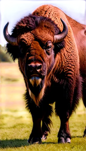 American bison, majestic, shaggy fur, curved horns, strong muscular body, standing proudly, green grassland background, warm sunlight, soft focus, cinematic composition, shallow depth of field, natura