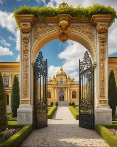 Baroque style, grandiose Ottanian palace, intricately carved stone walls, ornate golden decorations, majestic entrance gates, sprawling gardens, fountain showpiece, vibrant flower beds, lush greenery,