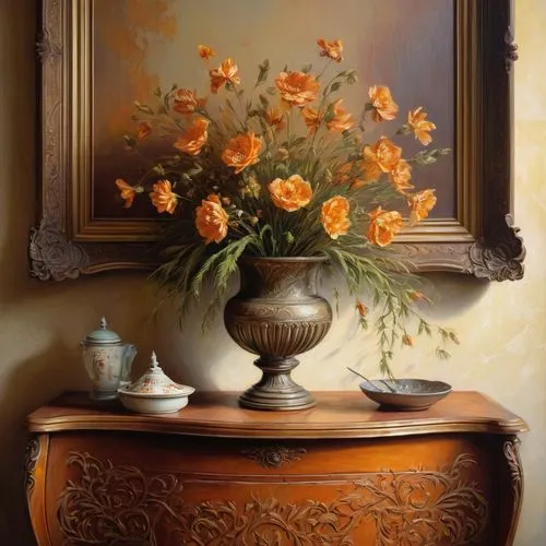 sunflowers in vase,flower painting,vase,flower vase,still life of spring,orange roses,oil painting,floral frame,cloves schwindl inge,orange flowers,marigold,floral composition,corner flowers,sideboard,carol colman,floral chair,orange blossom,marigolds,floral arrangement,orange marigold,Conceptual Art,Sci-Fi,Sci-Fi 15