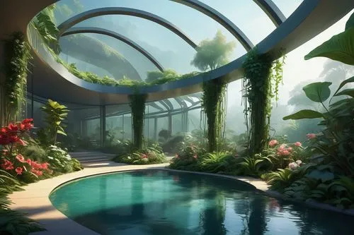 Modern botanical garden, futuristic plant architecture, transparent glass walls, steel beams, minimalist interior, lush greenery, exotic flowers, vines crawling up columns, curved lines, geometric sha