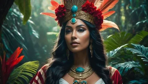 pocahontas,polynesian girl,feather headdress,headdress,native american,indian headdress,polynesian,american indian,shamanic,cleopatra,cherokee,the american indian,native,shamanism,pachamama,tiger lily,peruvian women,tribal chief,warrior woman,quetzal,Conceptual Art,Fantasy,Fantasy 34