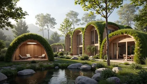 forest house,house in the forest,amanresorts,treehouses,3d rendering,asian architecture,timber house,cube stilt houses,beautiful home,tree house hotel,earthship,house in the mountains,dreamhouse,render,cubic house,ecovillages,pool house,summer house,landscaped,floating huts