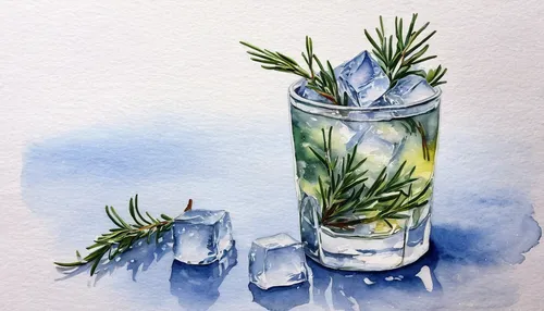 #WorldWatercolorGroup - Watercolor by Kateryna Savchenko of drink with ice rosemary - #doodlewash,watercolor cocktails,watercolor tea,watercolor pine tree,planter's punch,watercolor wine,watercolor pa