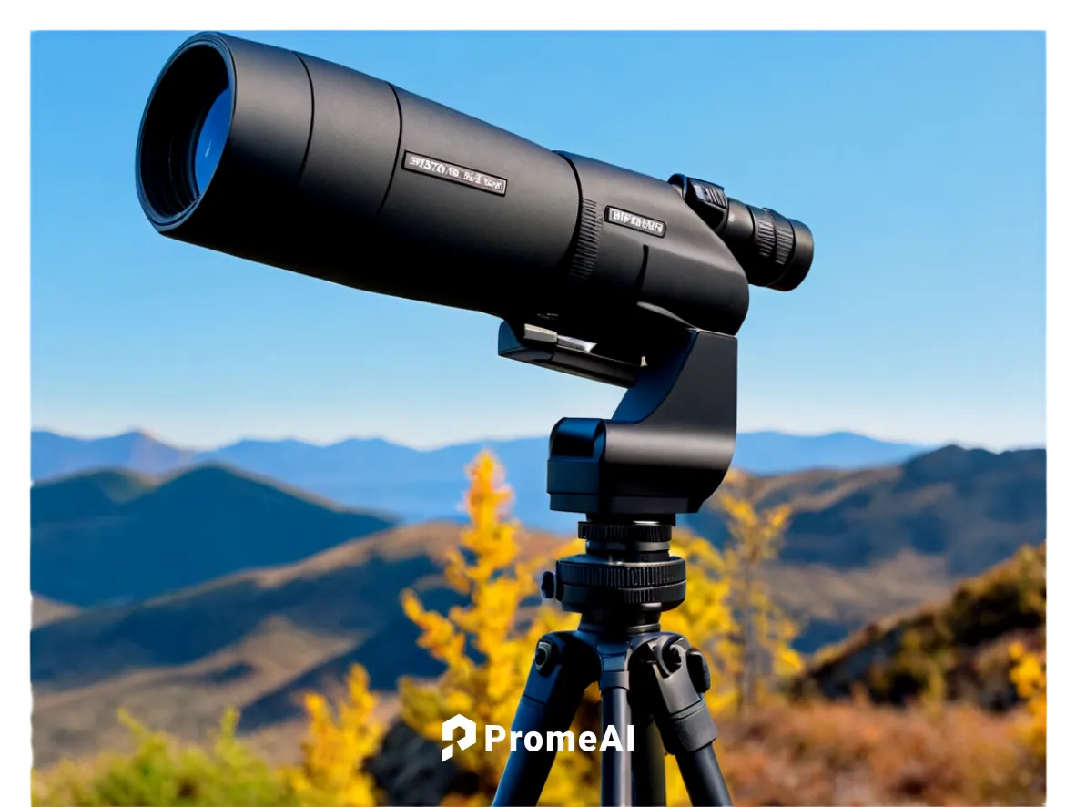 Spotting scope, metal body, detailed lens, rubber eyecup, adjustable eye relief, black matte finish, ergonomic design, non-slip grip, zoom function, objective lens, spotting tripod, rocky terrain, mou