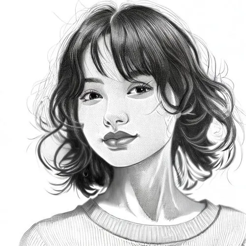 女生，黑色头发，黑色圆领毛衣，黑白，线稿，线条艺术,a pencil drawing of a ,girl portrait,mathilda,krita,girl drawing,girl with speech bubble,rgd,Design Sketch,Design Sketch,Character Sketch