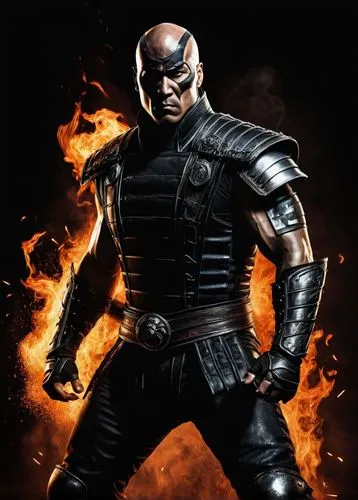 Mortal Kombat character, male, muscular, tattooed arms, bald head, scar above left eyebrow, intense gaze, black leather armor, silver shoulder pads, torn pants, heavy boots, standing, dramatic pose, d