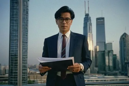 Mature man, architectural lighting designer, CV, bespectacled, short black hair, white shirt, dark blue suit, tie, holding a large portfolio, standing confidently, cityscape background, modern skyscra