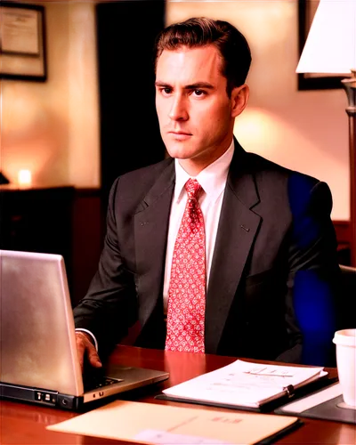 Businessman, suit, tie, briefcase, chart papers, laptop, coffee cup, serious expression, sitting, office desk, morning light, shallow depth of field, warm color tone, cinematic lighting, 3/4 compositi