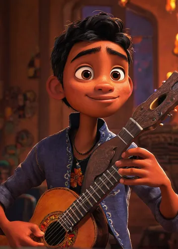 miguel of coco,charango,mariachi,coco,pandero jarocho,guitar player,guitor,ukulele,the guitar,banjo bolt,russo-european laika,playing the guitar,agnes,cavaquinho,menudo,guitarist,cute cartoon character,guitar,musician,carlitos,Illustration,Paper based,Paper Based 03