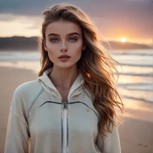 woman wearing wavy hair,girl on the dune,beach background,malibu,romantic look,sunset glow,model beauty,beach walk,windbreaker,sweatshirt,by the sea,natural cosmetic,natural color,on the beach,female 