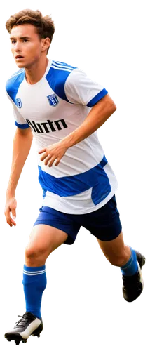 Male soccer player, dynamic pose, athletic body, messy short hair, sweaty face, bright eyes, white jersey with number 10, blue shorts, black socks, shiny cleats, running action, stadium background, pa