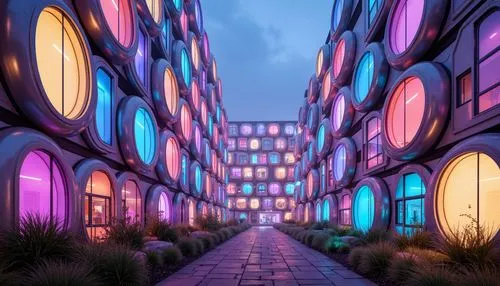 fantasy city,colorful city,microdistrict,kaleidoscape,graecorum,futuristic landscape,apartment block,cybertown,colored lights,cybercity,alleyway,skyways,futuristic architecture,alley,aurora village,arcology,ambient lights,apartment building,apartment blocks,alleyways