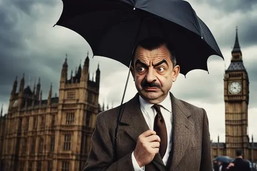 Bald Mr. Bean, comedic character, standing, funny facial expression, big nose, mustache, brown suit, white shirt, black tie, holding a umbrella, London streets, Big Ben in the background, cloudy sky, 