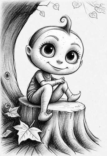 : Design Sketch-Rough Outline ,an ink drawing of a little boy sitting on top of a stump,littlebigplanet,cute cartoon character,boonmee,sylbert,inkwell,kodama,Design Sketch,Design Sketch,Detailed Outli