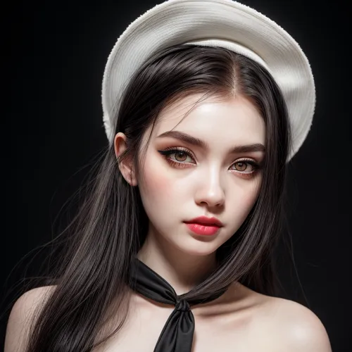 honey eyes , black hair , pale skin, blacklips,beret,girl wearing hat,bowler hat,leather hat,black hat,realdoll,vintage makeup,portrait background,pointed hat,white fur hat,cosmetic brush,fedora,asian