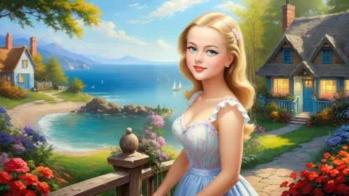 Romantic masterpiece oil painting, cute girl portrait, nostalgic 1950's style kitsch, seaside cottage landscape, summer beach scenery, by Thomas Kinkade, by Bob Ross,fairy tale character,landscape bac