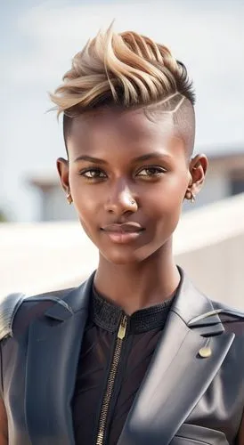 woman face model,   suit, Mohawk haircut with shaved sides, angular cheekbones,  Strong and angular mandibule, big smile, Modern sport,a beautiful woman wearing black leather clothes,mccoughtry,njokua