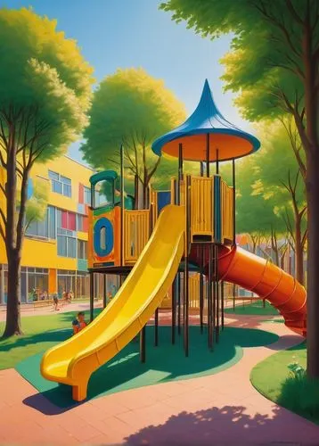 Colorful kindergarten, vibrant exterior walls, bright yellow entrance door, curved lines, playful rooftop design, slide and climbing facilities, greenery walls, large windows, natural light, wooden fl