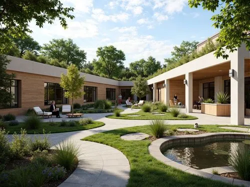 \Soothing healthcare facility, lush green roofs, calming water features, natural stone walls, wooden accents, abundant daylight, warm neutral tones, comfortable outdoor seating areas, healing gardens,