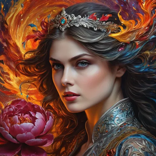 Alexandra Daddario as a "[Jupiter, splash art, a close up liquid luminous moon lady made of colors, silver, red, orange, light yellow, grey golden, liquid fire peony flowers, filigree, filigree detail