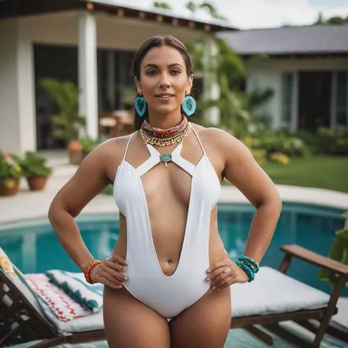 A woman is wearing a white swimsuit with geometric cut-out designs on the top. The woman is also wearing a necklace and bracelet, and a brightly colored scarf is wrapped around her waist. The backgrou