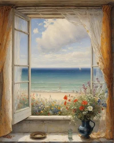 window with sea view,landscape with sea,beach landscape,seaside view,sea landscape,sea view,coastal landscape,bedroom window,seascape,carol colman,sea beach-marigold,windowsill,window view,french windows,open window,the window,window curtain,window treatment,ocean view,bay window,Art,Classical Oil Painting,Classical Oil Painting 13