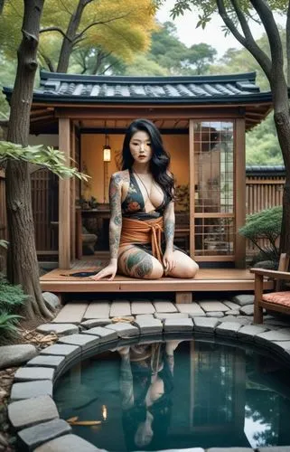 japanese woman,ryokan,japanese garden ornament,japanese zen garden,zen garden,water lotus