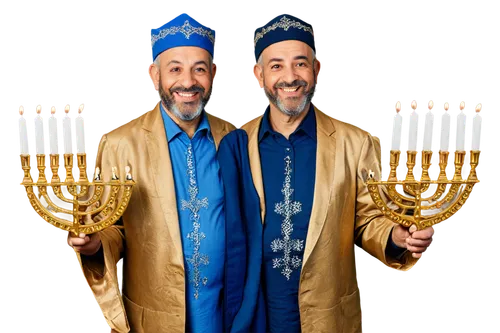 Menorah, Jewish holiday, festive atmosphere, golden candelabrum, nine lit candles, shiny surface, ornate details, blue and white colors, happy smiling face, elderly man, beard, kippah, traditional clo