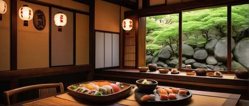 Traditional Japanese restaurant, low ceiling, wooden tables, tatami mats, sliding shoji doors, paper lanterns, dim warm lighting, sushi bar, chef in white hat, waitresses in kimono, natural wood accen