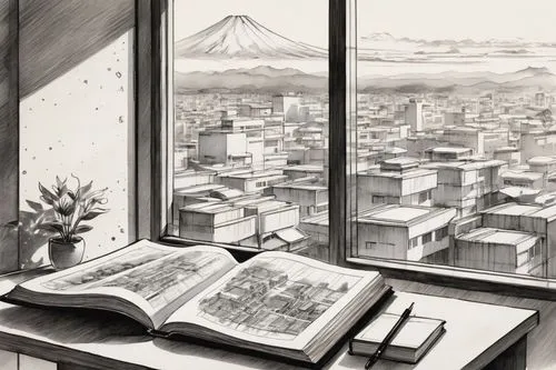 study,hagio,study room,window view,workspace,window sill,windowsill,japanese background,book illustration,comitia,japanese-style room,cityview,highrises,city scape,studies,cityscapes,takimoto,vistas,city view,fujimoto,Illustration,Paper based,Paper Based 30