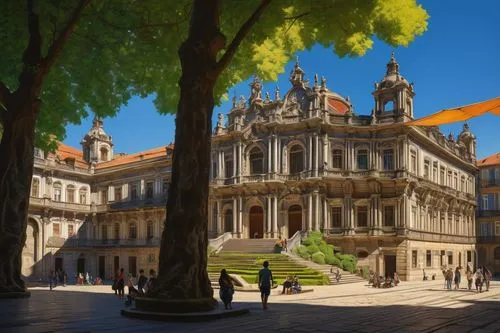 Porto University, grandiose Baroque architecture, intricate stone carvings, ornate facades, towering columns, sweeping staircases, vibrant blue skies, warm sunlight casting dramatic shadows, lush gree