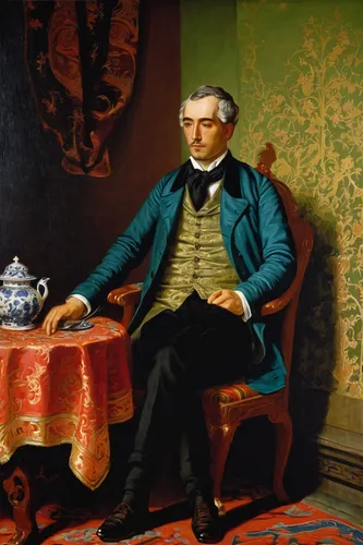 Stock Photo: 1899-47578 Man portrait in an interior, by Molteni Giuseppe, 1835, 19th Century, oil on canvas. Italy, Lombardy, Milan, Private collection. Whole artwork. Young man jacket waistcoat foula